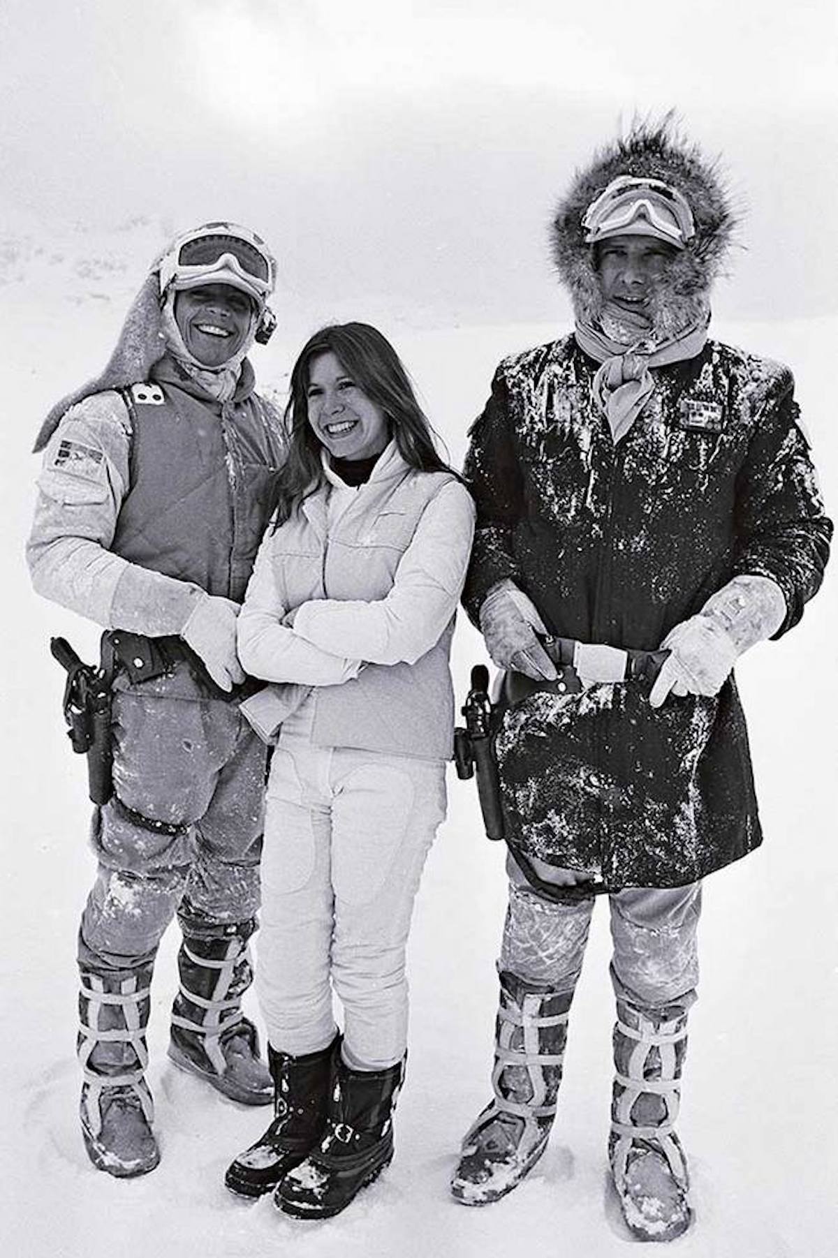 Марк Хэмилл, Кэрри Фишер и Харрисон Форд на съемках фильма Звездные войны Эпизод 5 – Империя наносит ответный удар, 1979 год