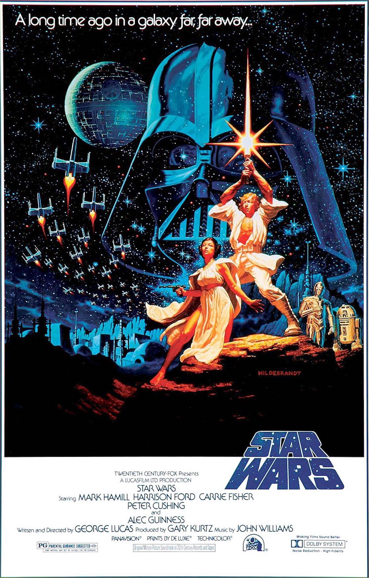 Первый постер к фильму «Звездные войны, эпизод IV Новая надежда» 1977 год. На нем еще не изображены Керри Фишер(Принцесса Лея) и Марк Хэмилл (Люк Скайуокер)