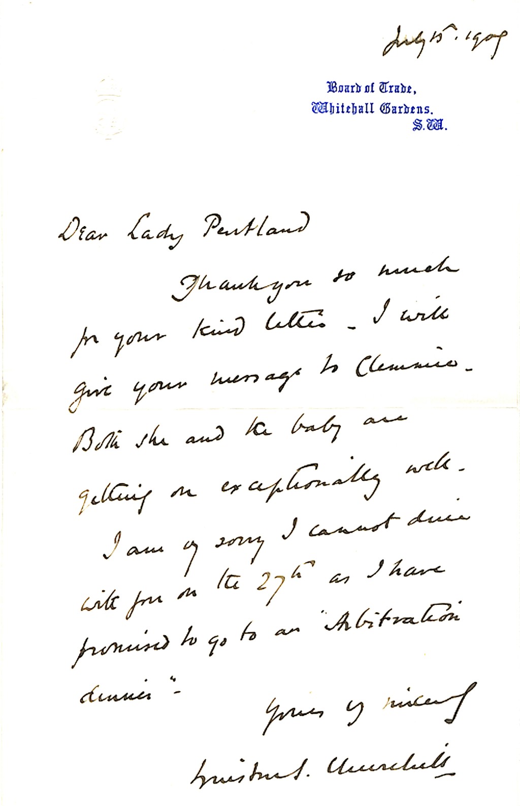 Письмо Lady Pentland, 1909
