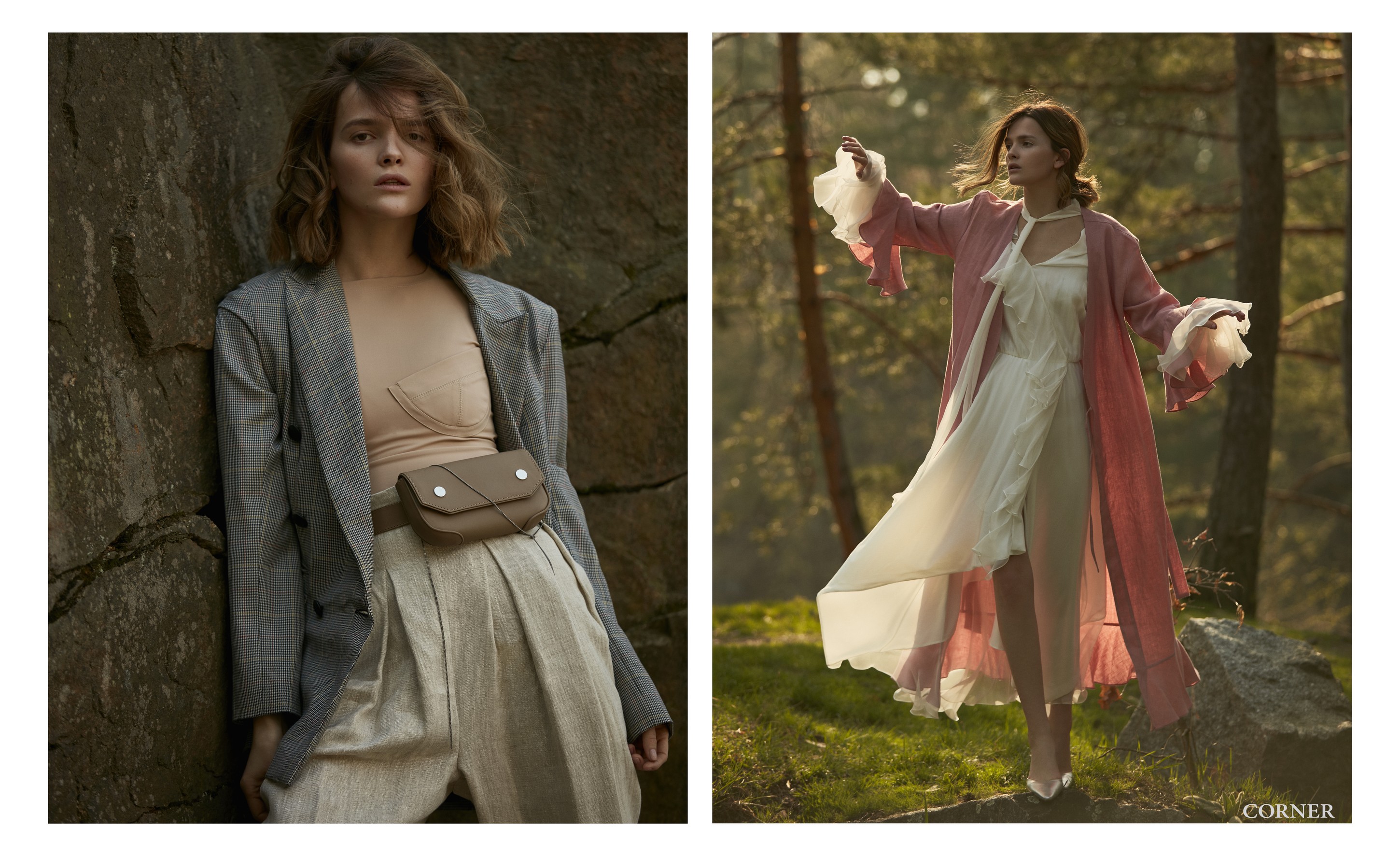Справа: пиджак — Kateryna Kvit, топ — Bevza, брюки — Flow the Label, сумка — Vuntes; слева: платье — elenareva, халат — Sleeper