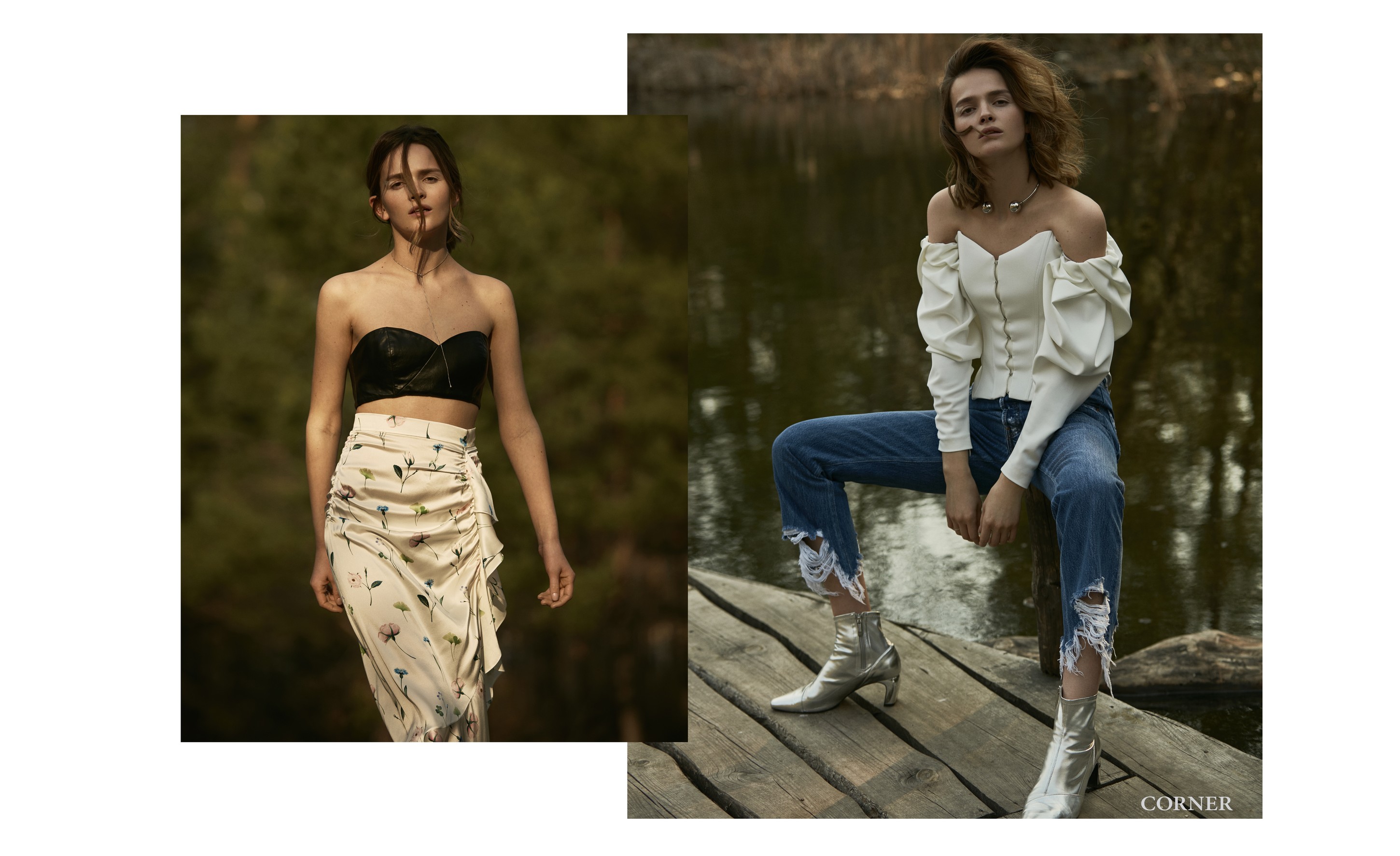 Справа: джинсы — tokonikomy, топ-бюстье — elenareva ; слева: юбка и топ -— elenareva