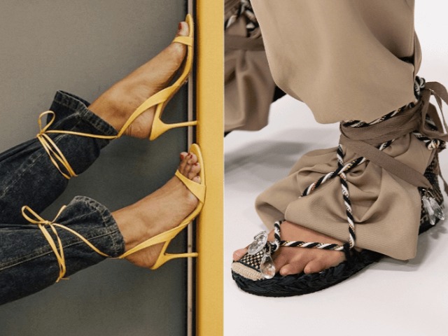 Тренд лета — 2020: Шнурки босоножек, обвязанные поверх брюк